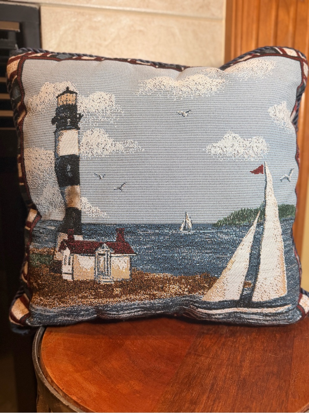 Home Coastal Lighthouse Tapestry Pillow 
Lighthouse Boat 16x16 Beach Boho